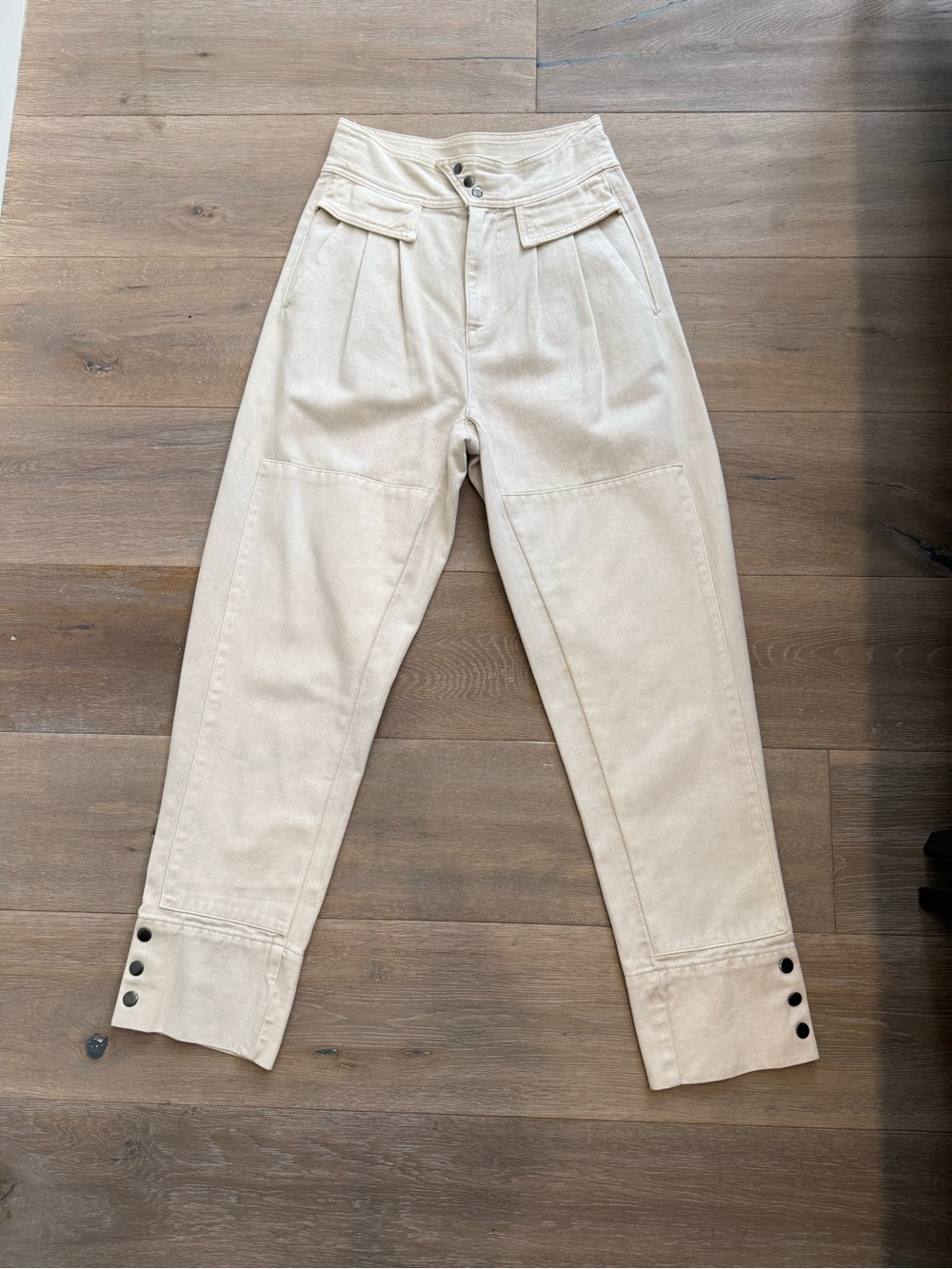 High-Waist Beige Button Cuff Trousers